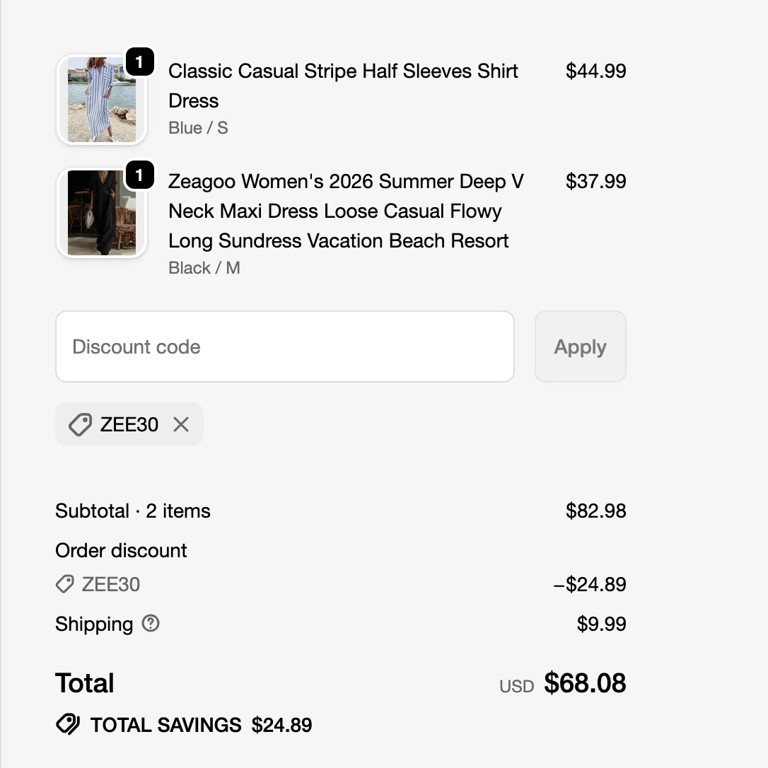 Use Discount Code ZEE30 for 30% OFF Sitewide at Zeagoo
